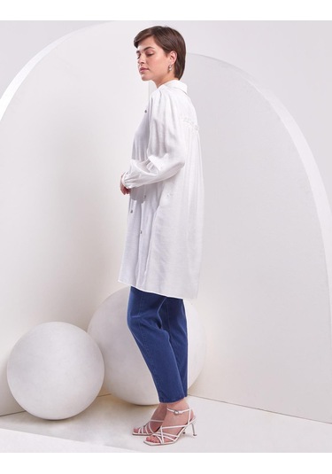 İnci İşlemeli Jakarlı Tunik-ekru Ekru