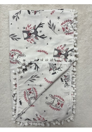 Uyuyan Pembe Geyik Ponponlu Çift Kat Pazen Örtü 100 120cm Pembe