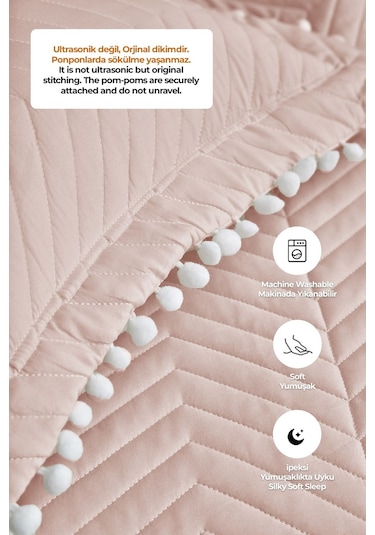 Evlen Home Ponponlu %100 Pamuk Tek Kişilik Günlük Yatak Örtüsü Pike Takımı Seti Pudra