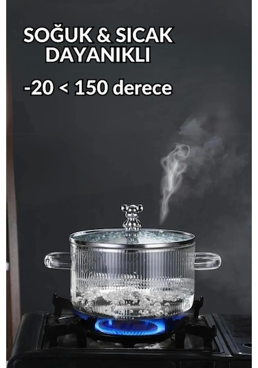 Madamev Cam Tencere Ayıcık Figürlü Minimalist Borosilikat Isıya Dayanıklı Ocaküstü Tencere 1500ml Şeffaf Çizgili