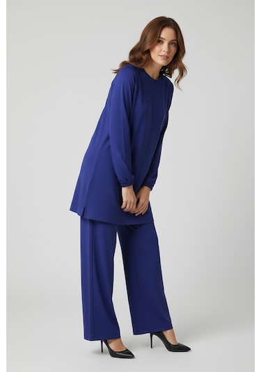 Kadın Tunik Önü Dikişli Altı Bantlı Pantolonun Beli Lastikli Önü Dikişli İkili Takım Mavi