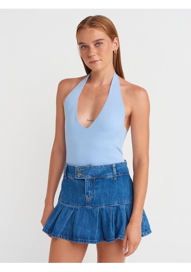 Dilvin 10794 Halter V Yaka Basıc Bluz-mavi Mavi