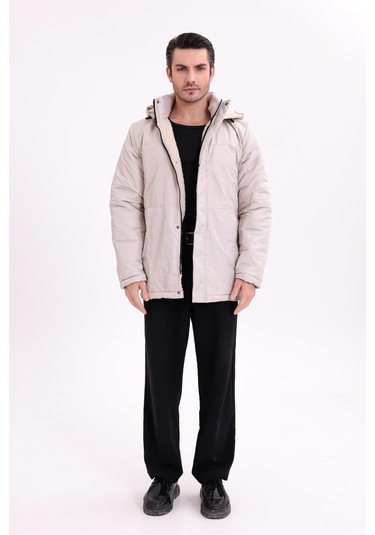 Erkek İçi Kürklü Çıkma Kapüşon Su Ve Rüzgar Geçirmez Kapüşonlu Kışlık Mont & Kaban & Parka Taş