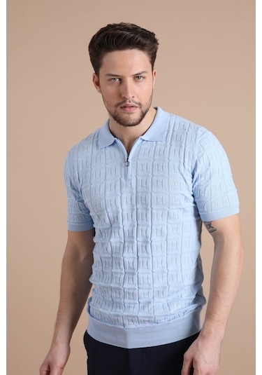 Ferraro Mavi Polo Yaka Fermuarlı Erkek Pamuk Triko T-Shirt-Mavi (490417758) Mavi