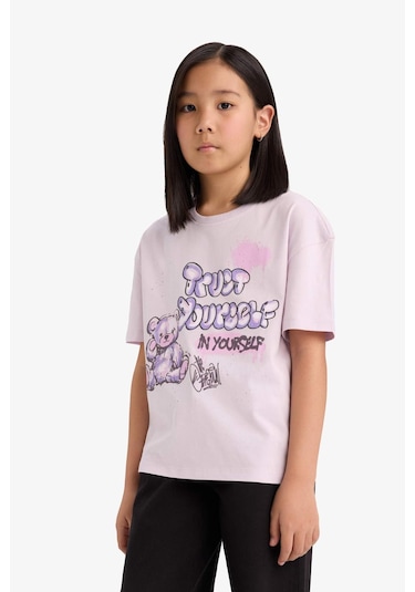 Defacto Kız Çocuk Relax Fit Bisiklet Yaka Baskılı Kısa Kollu Tişört E0353a825smpn425 Pembe