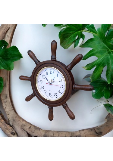 Eskitme Ahşap Gemici Dümen Duvar Salon Ofis Saati Çap 38 Cm Eskitme