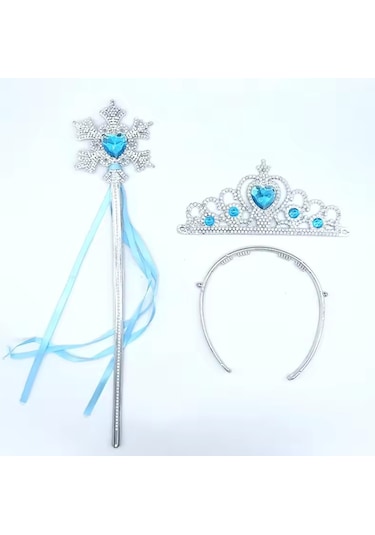 Karlar Ülkesi Elsa Mavi Kalp Tacı Ve Kar Temalı Asa Seti