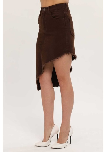 Shevega Kadın Kahverengi Etek Püskül Asimetrik Kesim Keten Etek Kahverengi