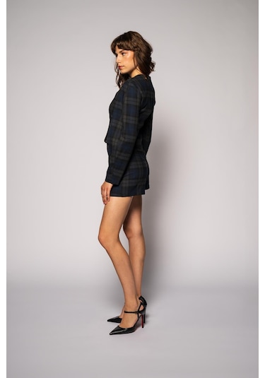 Kadın Lacivert Ekoseli Bisiklet Yaka Crop Blazer Lacivert