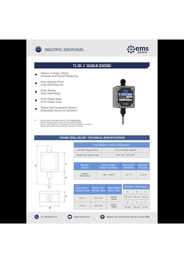 Ems Kontrol - Sıcaklık Sensörü Ntc 10 K / -40 - +80 C