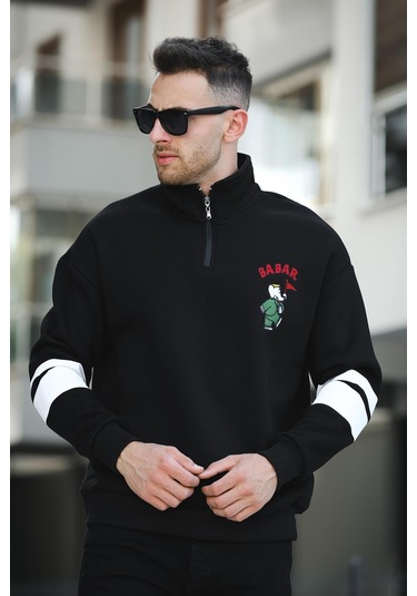 Babar Üç İplik Şardonlu Nakışlı Fermuarlı Dik Yaka Oversize Erkek Sweatshirt 001