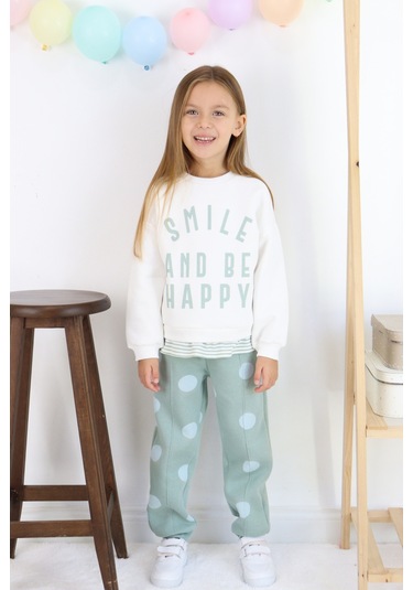 Kız Çocuk Smile And Happy Baskılı Kalın Eşofman Takımı Beyaz