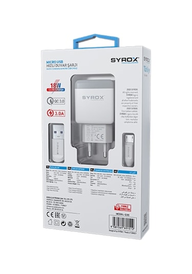 Syrox Q30 Microusb Girişli 3.0 Amper 18W Hızlı Şarj Aleti (307252053)