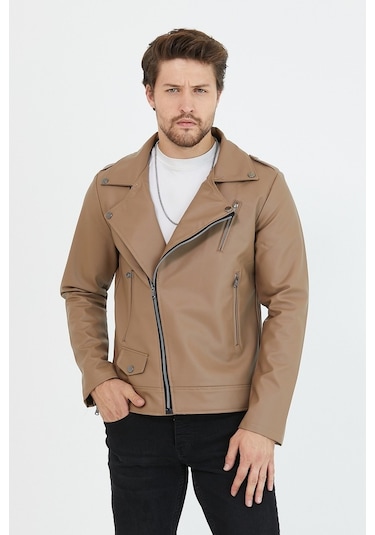 Erkek Vizyon Yeni Sezon Çapraz Fermuarlı Deri Ceket Mont-Vizon