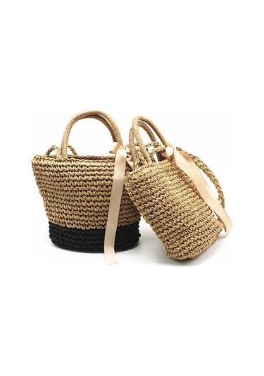 Novahub Kahve El Yapımı Hasır Çanta Kurdelalar 32cmx26cm Plaj Örgü Tote Çanta Omuz Çantası Kahverengi