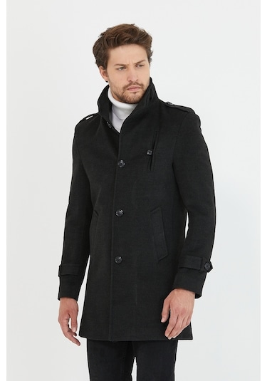 Erkek Antrasit Dar Kesim Dik Yaka Uzun Kaşe Kaban-Antrasit