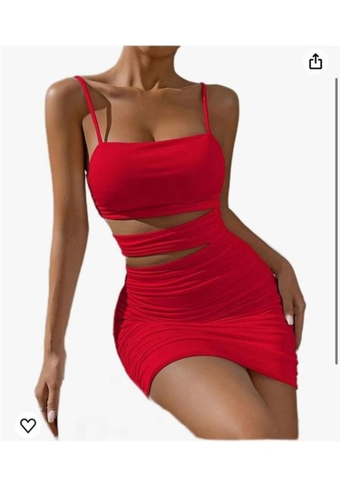 Kırmızı Tasarım Bel Dekolteli Askılı Mini Elbise-kırmızı