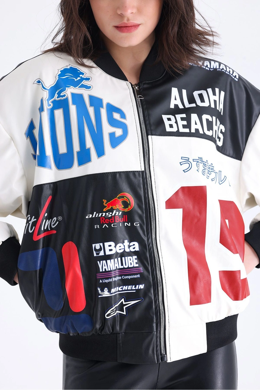 Kadın Oversize Baskılı Deri Motorcu Montu Fermuarlı Yarışçı Ceket Astarlı Bomber Kolej Mont Beyaz