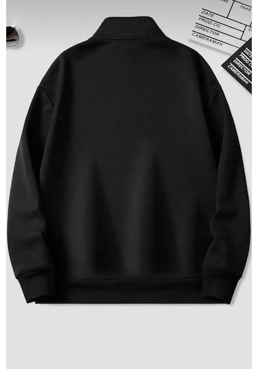 Dik Yaka Yarım Fermuarlı Düz Kazak Sweatshirt Siyah