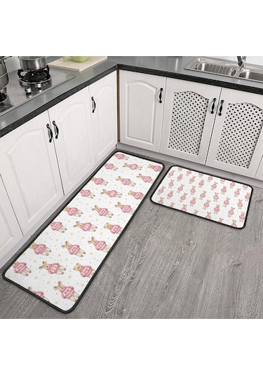 Noel Desenli 2'li Mutfak Matı, Anti-yorgunluk, Yastıklı Ve Kaymaz, Mutfak Ve Ofis İçin Noel Geyik Ayısı