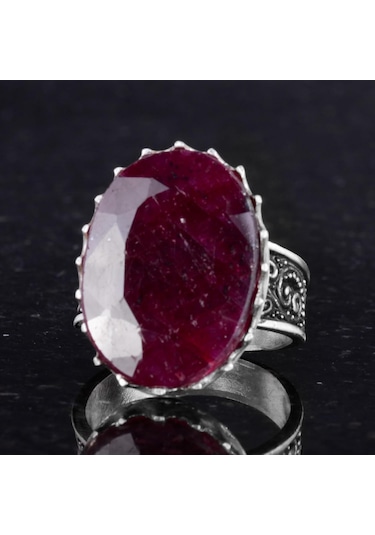 Gerçek Doğal Taş Yüzüğü - 925 Ayar Gümüş Büyük Yüzük - El Yapımı Yüzük Yakut Gümüş