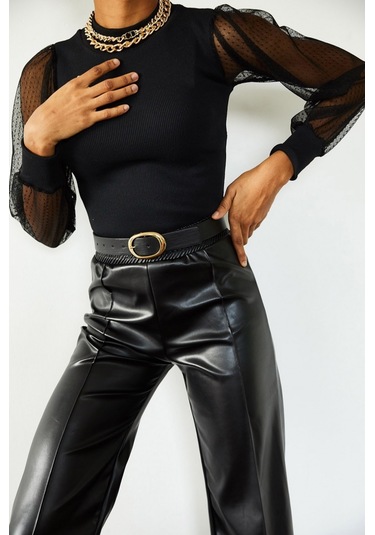 Kadın Siyah Kolu Tül Detaylı Yarım Balıkçı Kaşkorse Bluz 6160 Haki