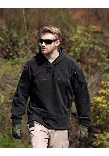 Erkek Sonbahar Ve Kış Dış Mekan Kapşonlu Polar Kazak Sweatshirt Siyah