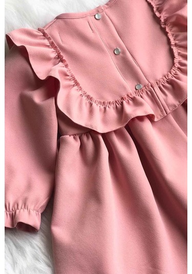 Fırfır Ve Kurdele Detaylı Tasarım Krep Pudra Pembe Kız Çocuk Bebek Elbise 001