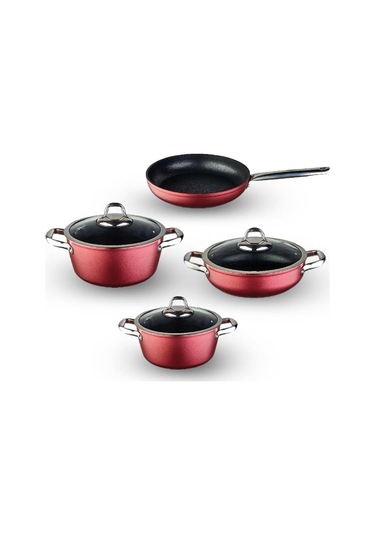 Leggno Master Daıly Metalik Kırmızı 7 Parça Tencere Set 20cm 24cm Derin Tencere 26cm Sığ Tencere 26cm Tava