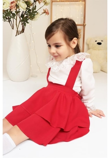 Kız Çocuk Kırmızı Elbise Helen Askılı Jile Dantelli Uzun Kol Bluz Takım 23 Nisan 29 Ekim Gösteri Kıyafeti