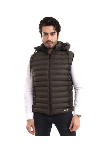 Erkek Iç Cepli Çıkartılabilir Fermuarlı Kapüşon Şişme Yelek Haki