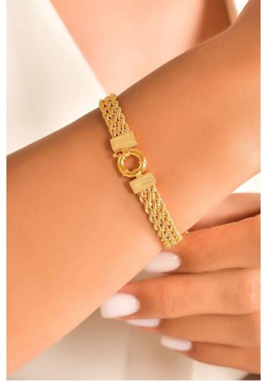 14 Ayar Altın Bileklik Üç Sıra Halat Zincir Künye 19 Cm Uzunluk Sarı Altın