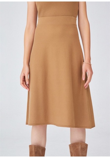 Peraluna Kloş Kesim Kaşmir Karışım Diz Altı Triko Etek Camel Camel