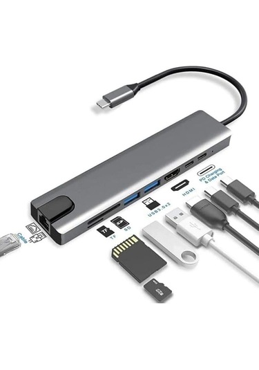 8-in-1 Type-c Çoklu Hub Adaptör Dönüştürücü Hdmı 4k, Usb 3.0, Sd/tf Kart Okuyucu, Pd Şarj, Rj45 Ethernet Laptop Ve Tablet Uyumlu
