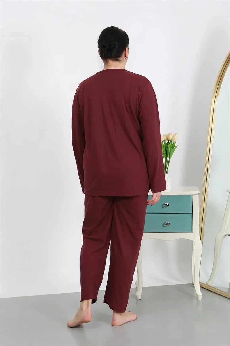 Moda Kadın Büyük Beden Uzun Kol Penye Pijama Takımı Bordo Bordo