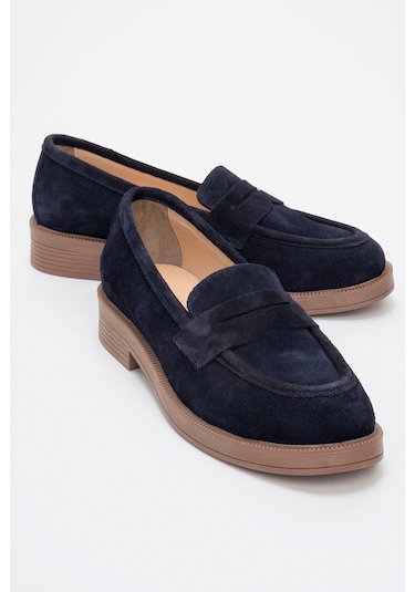 Pline Lacivert Süet Hakiki Deri Kadın Loafer Ayakkabı Lacivert