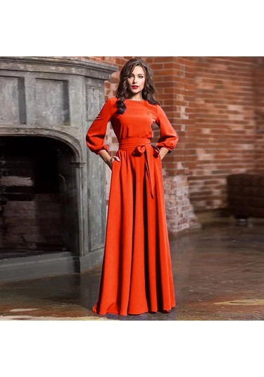 Kadın Yaz Casual Parti Elbise Kol Katı Uzun Elbiseler Kemerli Kırmızı