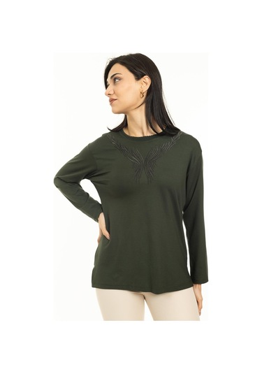 Yeni Sezon Kadın Orta Yaş ve Üzeri Yeni Desen Triko Yaka Likralı Anne Penye Bluz 30520-haki Yeşili