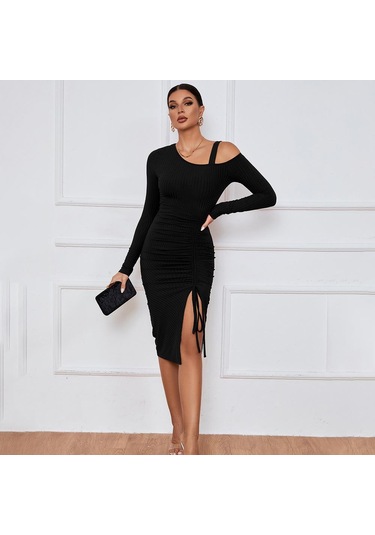 Hnxc Kadın Moda Yaz Bahar Düz Renk Baskı Uzun Kollu Yüksek Bel Günlük Elbiseler Siyah