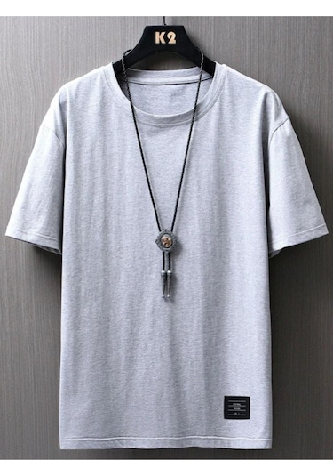 Erkek Gri Oversize Küçük Baskılı T-shirt Gri