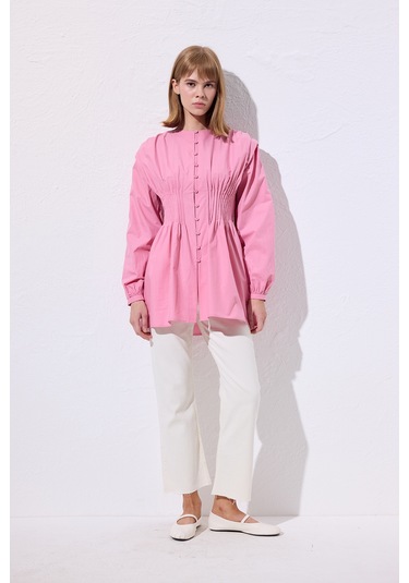 Beli Pile Detaylı Uzun Kol Bluz Pembe Pembe