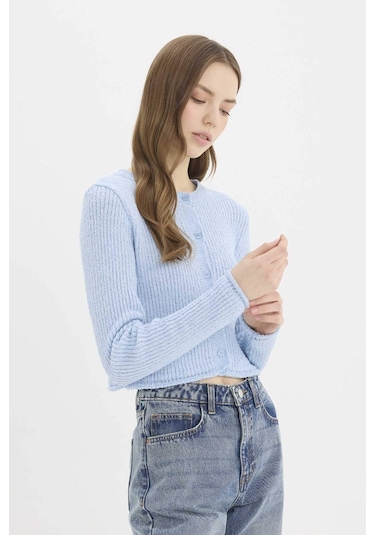 DeFacto Slim Fit Dar Kesim Bisiklet Yaka Düğmeli Triko Hırka E4613AX25SPBE696 Mavi