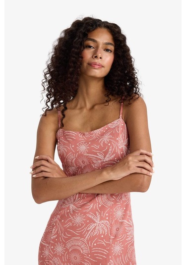 Defacto Kare Yaka Desenli Yırtmaçlı Keten Karışımlı Askılı Midi Elbise F7150ax25smbr154 Bordo