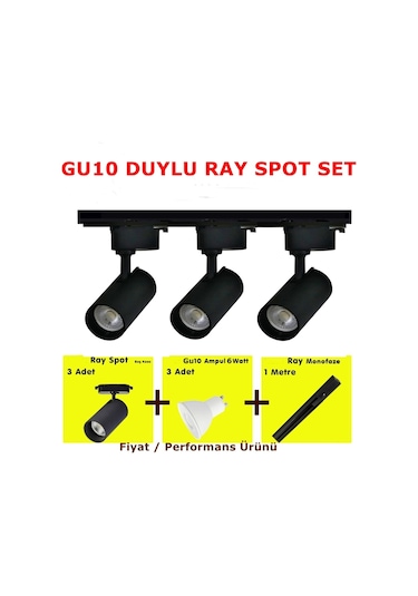 Mini Ray Spot Set 3 Spot + 1M Ray + 3 Ampul Siyah Kasa Sarı Işık
