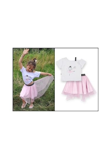 Tüllü Etek Düşük Omuzlu Tshirt Kız Çocuk 2'li Takım - 2-9 Yaş