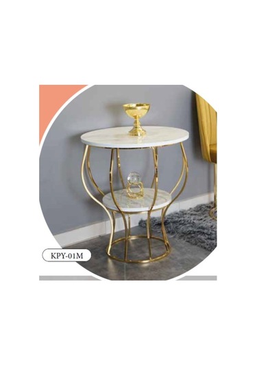 Mim Beyaz Mermer - Gold Kupa Yan Sehpa Beyaz Mermer