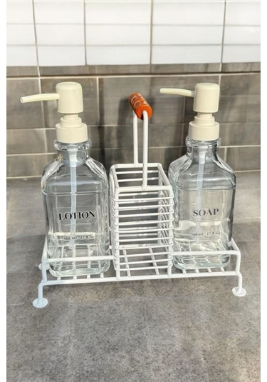 Morponi Kulplu Standlı 2'li Cam Sabunluk Seti Metal Bej Bej