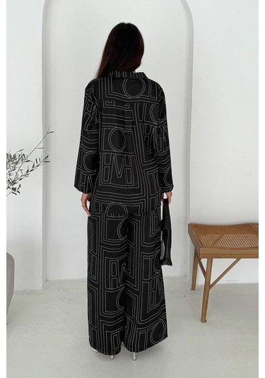 Geometrik Desen Modal Saten Takım Siyah Siyah