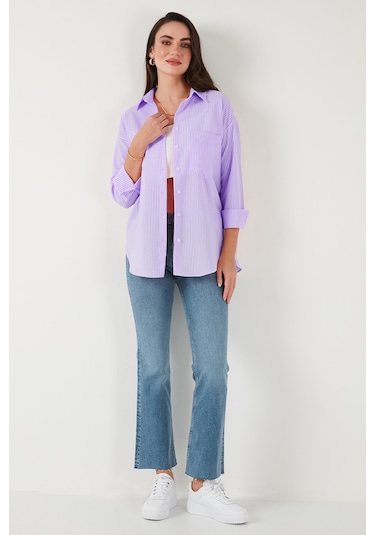 Lela Regular Fit Uzun Kollu Cepli Çizgili Bayan Gömlek 6772895 Lila