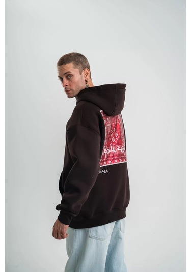 Double Oversize Kapşonlu Dijital Patchli Sweatshirt - Kahve Kahve